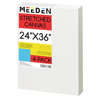 MEEDEN Stretched Canvas, 24 × 36 Inch, Pack of 4, Blank White Canvases for Painting, 100% Cotton, 15 oz Gesso-Primed, Pre-Stretched Canvas for Acrylic Oil Pouring & Airbrushing Painting - size: 24''x36''- 4 Pack
