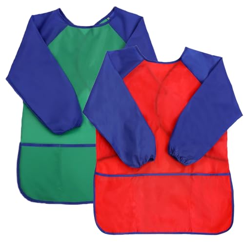 2 Pack Kids Art Smock Waterproof with Long Sleeve and 3 Roomy Pockets Artist Children Aprons for Toddlers Age 3-8 Painting Crafts（Green+ Red） - color: 2 Pack Green+ Red