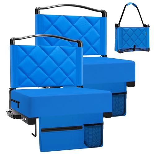 Stadium Seats with Back Support and Cushion Thick Padded Bleacher Chairs with Shoulder Strap, Portable Folding Stadium Seat Chairs for Bleachers Include Cup Holder and Side Pocket (Blue, 2pcs) - color: With Pocket-blue, size: 2pcs