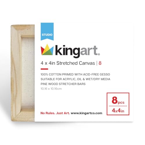 KINGART 836-8 Stretched White Canvas for Painting, 4 x 4 Inch, Pack of 8 | 100% Cotton, Gesso Primed, 5/8" Stretcher Bars, Ready to Paint - size: 4 x 4 Inch