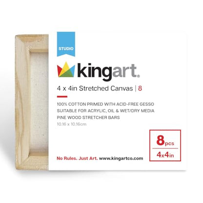 KINGART 836-8 Stretched White Canvas for Painting, 4 x 4 Inch, Pack of 8 | 100% Cotton, Gesso Primed, 5/8" Stretcher Bars, Ready to Paint - size: 4 x 4 Inch