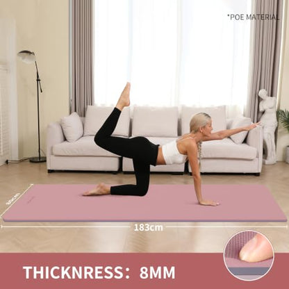 8mm Extra Wide 80cm Yoga Mat Non Slip | Spacious 80cm x 72" mat for tall users, gym, pilates. POE, reversible dual-color, non-slip, tear-proof, odorless, strap. - color: Dark Powder+Dark silve