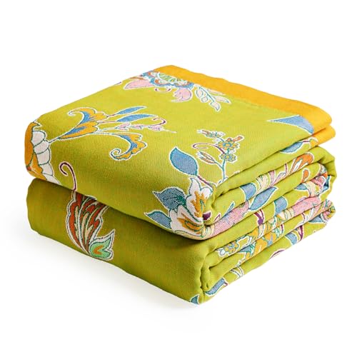 VANJOROY Boho Throw Blanket 50" x 60", 100% Organic Cotton Breathable Ultra Soft Bed Quilt Throw - All Season Luxury Floral Farmhouse Decor Blanket for Sofa Couch Chair and Gift. Green/Blue - color: Boho-flower-d, size: Throw (50" X 60")