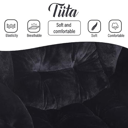 Tiita Lazy Chair with Ottoman, Comfy Reading Accent Chair, Plush Black | Foldable Footrest, Padded Seat and Backrest, Side Pocket for Lounging in Living Rooms, Bedrooms, Dorms and Small Spaces - color: Plush-blak