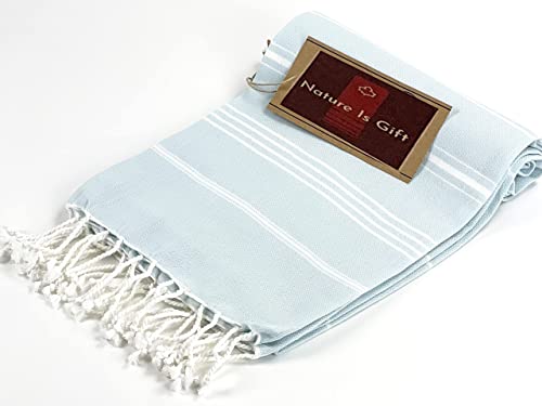 Beach Towel 100% Cotton Turkish Beach Towel Adult 38x70 Inch Pre-washed Absorbent Extra Large|Sand Free Quick Dry BathTowels|Lightweight Blanket|Travel Cruise Camping Spa Gym Yoga Towel|Baby blue - color: White Lightblue