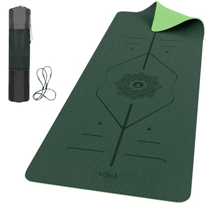 ROMIX Pro Yoga Mat With Alignment Lines, 6Mm Thick Non-Slip Exercise Mat | 72 x 24 In TPE Large Pilates Mat For Home Workout, Stretching, Training, Meditation, Carry Bag Included For Women And Men - color: Lime