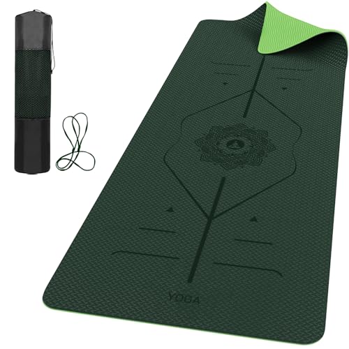ROMIX Pro Yoga Mat With Alignment Lines, 6Mm Thick Non-Slip Exercise Mat | 72 x 24 In TPE Large Pilates Mat For Home Workout, Stretching, Training, Meditation, Carry Bag Included For Women And Men - color: Lime