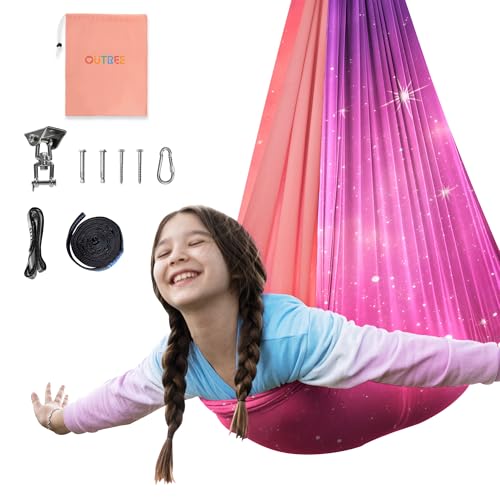 OUTREE Sensory Swing for Kids, Double Layer Therapy Hammock, Indoor Swing with 360° Swivel Hanger Kit and Adjustable Straps, Autism Sensory Product for Autism, ADHD or SPD (Pink Starry-Sky Printed) - color: Pink