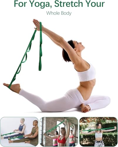 10 Loop Yoga Stretching Strap for Physical Therapy - Non-Elastic Exercise Band for Pilates, Yoga, Stretching for Women & Men - color: Green