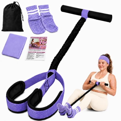 Sit Up Pedal Resistance Band, Upgraded Stitched Core Workout Equipment, 3-in-1 Anti-Snap Pull Rope Stretching Kit with Non-Slip Yoga Socks & Sports Headband - color: B-Purple, size: 55LB