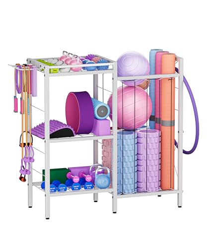 3 Tiers Dumbbells Yoga Mat Storage Rack with Elastic Straps for Kettlebells Foam Roller Resistance Bands Balls, Workout Equipment Organizer Weight Storage Holder with Hooks for Home Gym - color: White