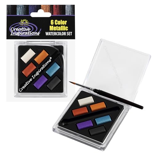 Creative Inspirations Professional Watercolor Paint Set - Compact Metallic Half Pan Travel Set of 6 with Mini Brush - Highly Concentrated Watercolor Paint for Artists of All Skill Levels - color: Metallic, size: 6 Count (Pack of 1)