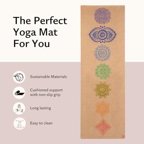 Shakti Warrior Chakra Cork Yoga mat - Artist Designed, Premium eco Friendly mats, Non Slip, Non Toxic, Great for Regular & Hot Yoga, Pilates and Work Out (72 inch x 24 inch x 3mm Thick)