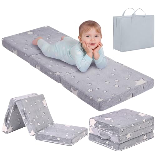 Tiita Foldable Floor Mattress for Kids-Glow in The Dark Toddler Nap Mat with Storage Bag, Portable Toddler Floor Futon for Travel, Daycare, Camping, RV, Playroom, Grey Star - color: Grey Star, size: 57"L x 22"W x 3"Th