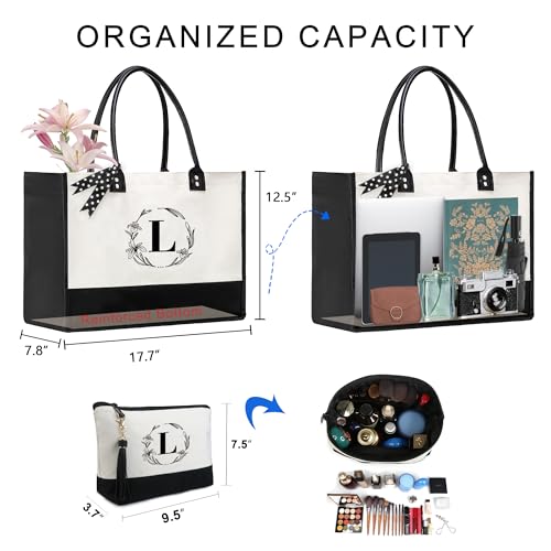 BeeGreen Embroidery Monogram Initial Tote Bag for Women Teacher Mom Friend Personalized Gift for Birthday Beach Work Wedding - color: White Lily, style: L