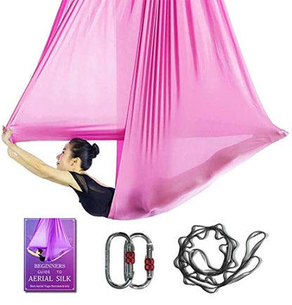 Aerial Yoga Hammock L:5M W:2.8M 5.5 Yards Aerial Pilates Silk Yoga Swing Set with 2000 Ibs Load Include Daisy Chain, Pose Guide - color: Sakura Pink
