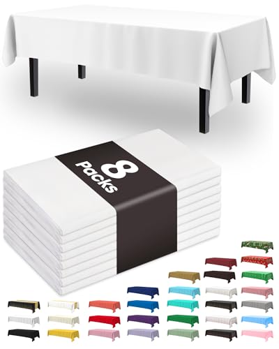 Pureegg Plastic Table Cloth Disposable 8 Pack, 54 x 108 Inch Table Cloths, Party, Picnic, Wedding, Decorative Tablecloths, Rectangle, White Plastic Cover, Leakproof & Sturdy, White | Party Supplies, Wedding, Picnic, Leakproof & Sturdy, White, Tablecloth,