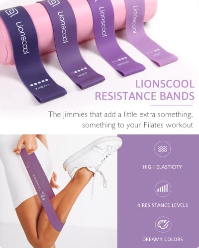 LIONSCOOL Pilates Ring Set 14" Magic Circle, 9" Mini Ball, Resistance Bands | Foam-Padded Fiberglass Pilates Ring, 400 lb Anti-Burst Ball, Latex Bands, Guide & Bag, Pilates Equipment Kit for Home Workout - color: Purple