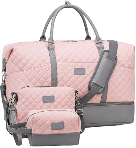 Weekender Bag, Large Travel Duffel Bag for Women, Carry on Overnight Bag with Shoe Compartment and Toiletry Bags - color: A-Pink