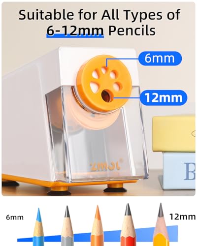 ZMOL Electric Pencil Sharpener,Heavy Duty for Classroom, 6-12mm, White | Auto Stop,6 Holes,Plug-in, 3 Tip Adjustments,Fits 6–12mm No.2 & Colored Pencils for School/Home/Teachers - color: White