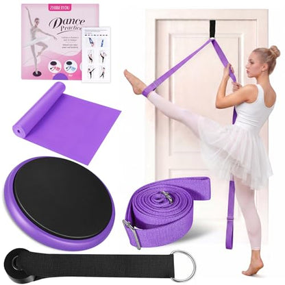 Ballet Practice Kit - Turning Board, Stretching Strap & Resistance Band to Improve Turns, Balance, Spinning for Dance - color: PURPLE