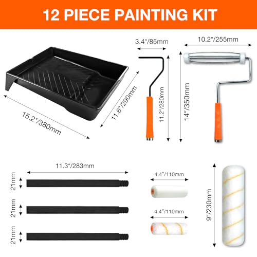 King Origin Paint Roller Kit with Extension Pole 4 Ft, 12 PCS | 9" & 4" Paint Rollers, Frame, Tray - Paint Supplies for Painting Walls, Home Interior, Painting Tool Kits - color: 4"&9" Rollers, 12-Pack