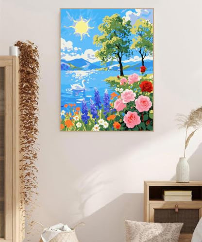 ZRIZQ Paint by Numbers Kit for Adults Beginner,Summer Landscape,16x20 | Full set with rich paints,wooden brushes,rolled canvas.Calming activity.Beginner friendly.Just open and paint. - color: 16"X20"Rolled Canvas-Summer Landscape