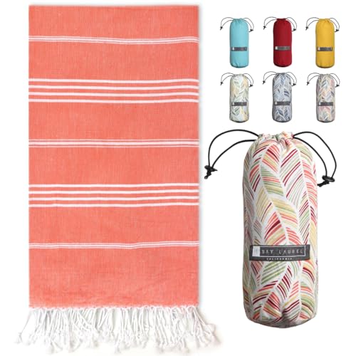 BAY LAUREL Turkish Beach Towel with Travel Bag 39 x 71 Quick Dry Sand Free Lightweight Large Oversized Towels Light - color: Orange With Red Floral