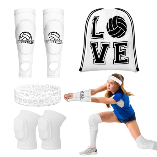 6 Pcs Volleyball Accessories Volleyball Knee Pads Arm Sleeves Drawstring Bag Softball Headbands Volleyball Protection Equipment Gifts for Women Training - color: White, size: Small