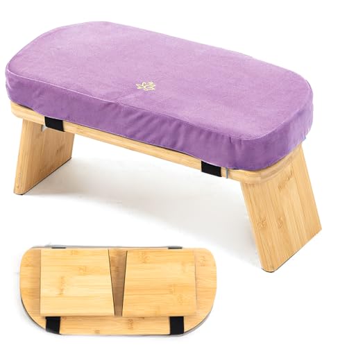 Bamboo Meditation Bench, Foldable Prayer Stool (Purple) | Meditation Kneeling Bench, Seiza Prayer Bench, Prayer Bench with Meditation Cushion, Kneeling Prayer Stool for Home - color: Purple
