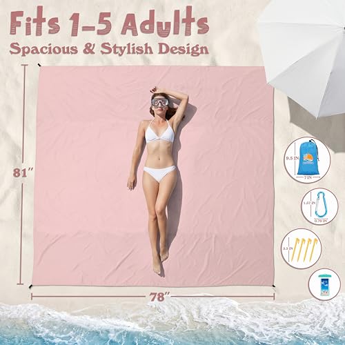 Aroveea Beach Blanket Waterproof Sandproof 78''X81''/10'X9' Oversized Mat - color: Pink, size: 78''x81''