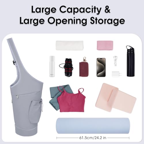 sportsnew Yoga Mat Bag, Large Opening Long Tote Yoga Mat Carrier Holder Bag with Waterproof Wet Pocket and Drawstring Water Bottle Pocket, Adjustable Shoulder Strap Storage Bag, patent pending - color: Grey