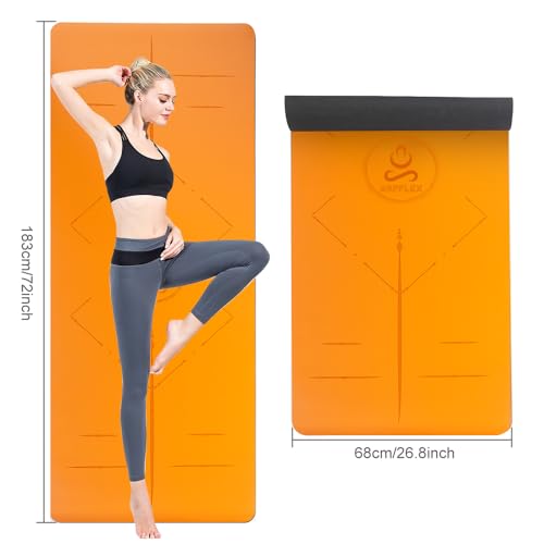 Natural Rubber Yoga Mat - Non Slip Non Toxic - 5mm Thick Yoga Mat for Hot Yoga/Pilates - Extra Large 26.8’’ with Alignment Guide - Sweat Proof - with Carrying Bag - color: Vibrant Orange
