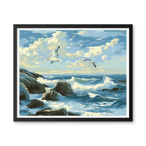 Natuyalo Paint by Numbers for Adults - DIY Adult Paint by Number Kits Painting on Canvas Flying Seagull Painting by Numbers for Beginners, Sea Wave Art Craft Kits for Adults (16x20 Inch) - color: ART-07