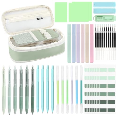 MoKo Pencil Case with Supplies, 49Pcs Aesthetic School Set, Green | Includes gel pens, highlighters, 0.5 mm mechanical pencils and refills, an eraser, sticky notes and index tabs. - color: Green-49P