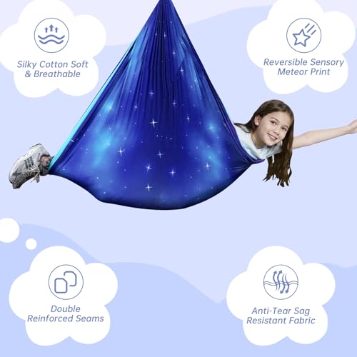 Aokitec Sensory Swing Kids & Adults, Double-Layer Indoor Outdoor Hammock | Therapy swing, Special Needs, Autism, Adjustable, Double-layer Polyester Holds 300LB, Swivel Hanger, All Hardware Included - color: Star Blue