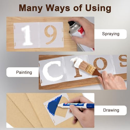 Amrules 65 Pcs Painting Stencils, Letters Numbers and Symbols, 4 x 4 Inch | Plastic, Reusable, Interlocked Design, Drawing Templates Set Fit for Wood, Walls, Fabrics, Rocks, Home Decoration - style: Letter