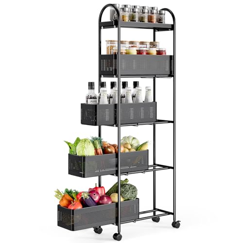 KINGRACK 5 Tier Slim Rolling Cart with Drawer, Metal Utility Storage Cart | 4 Pull-out Baskets, Lockable Wheels, Narrow Space Trolley Organizer for Bathroom, Kitchen, Office, Dorm, Laundry Room, Black - color: Black, size: 5 Tier