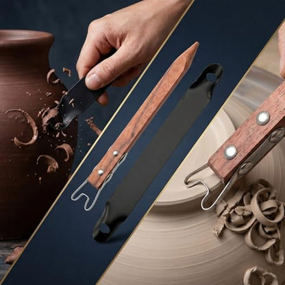 2 Pcs Pottery Trimming Tools Set, Stainless Steel Clay Carving Scraper & Ceramics Bottom Foot Trimming Tool with Red Sandalwood Handles for Wheel Throwing, Foot Ring Shaper for Bowl Cup Vase Base