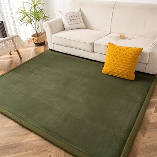 MAXYOYO Coral Velvet Area Rug, Thick Japanese Tatami Mat Living Room Carpet with Non-Slip Backing, Large Solid Color Mat for Bedroom Dormitory Yoga, Olive Green, 78 by 118 inch - color: Olive Green, size: 78"X118"