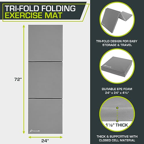 ProsourceFit Tri-Fold Folding Thick Exercise Mat 6’x2’ with Carrying Handles for MMA, Gymnastics, Stretching, Core Workouts - color: Grey