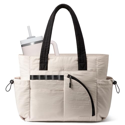 LOVEVOOK Women's Tote Handbags, Puffer Bag and Work Bags with Compartment for Women, Lightweight Quilted Nurse Shoulder Daily - color: Beige, size: 17.3Inch