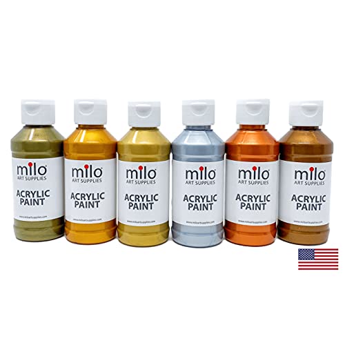 milo Metallic Acrylic Paint Set, 6 Metallic Colors, 4 oz Bottles | Safe and AP Non-Toxic, Made in the USA, Arts & Crafts Paints for Artists, Student & Hobby Painters, Paint Pack, Multi-Media - style: Metallic Set 6 x 4 oz
