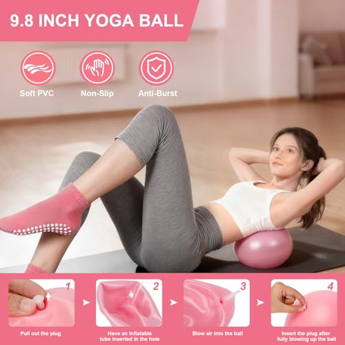 Pilates Ring and Ball Set for Women, Home Workout Pilates Kit, Magic Circle Hoop with 5 Resistance Bands, Pilates Equipment Fitness Essentials Starter Set Accessories - color: Pink