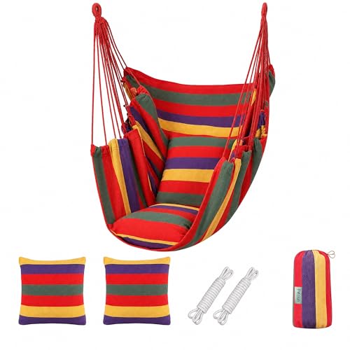 Hammock Chair Hanging Chair with 2 Cushions Maximum Load-Bearing 330 pounds Canvas Material is Very Breathable and Comfortable Suitable for Many Indoor and Outdoor scenarios (Multicolor) - color: Multi Color