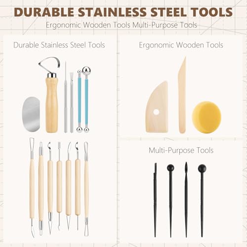 23PCS Clay Tools Sculpting, Ceramic & Pottery Modeling Tool, Ceramics Tools Set, Polymer Tools Kit, Air Dry Clay Tools for Carving, Molding, Pottery Wheel, Crafting Supplies, Pros, Beginners, Adults - color: Wood-23PCS