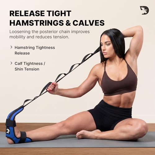 DMoose Fitness Foot & Calf Stretcher with Adjustable Padded Stretching Strap for Plantar Fasciitis, Hamstring, Heel Spurs and Achilles Tendonitis Relief - Yoga Leg Stretch Strap for Flexibility - color: Blue