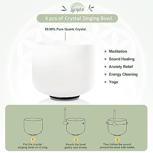 Crystal Singing Bowl Set of 4 PCS, 6"A, 8" F,10" G,12" C - size: 6"A 8"F 10"G 12"C