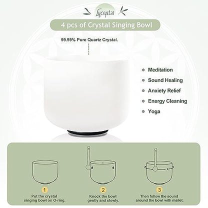 Crystal Singing Bowl Set of 4 PCS, 6"A, 8" F,10" G,12" C - size: 6"A 8"F 10"G 12"C