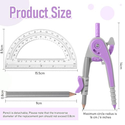 EBOOT Student Geometry Math Set, Drawing Compass and 6 Inch Clear Swing Arm Protractors 180 Degree Math Protractor (Lavender Purple) - color: Lavender Purple